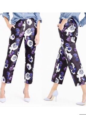 J. Crew Black Cropped Floral Pants with Purple & White Blooms